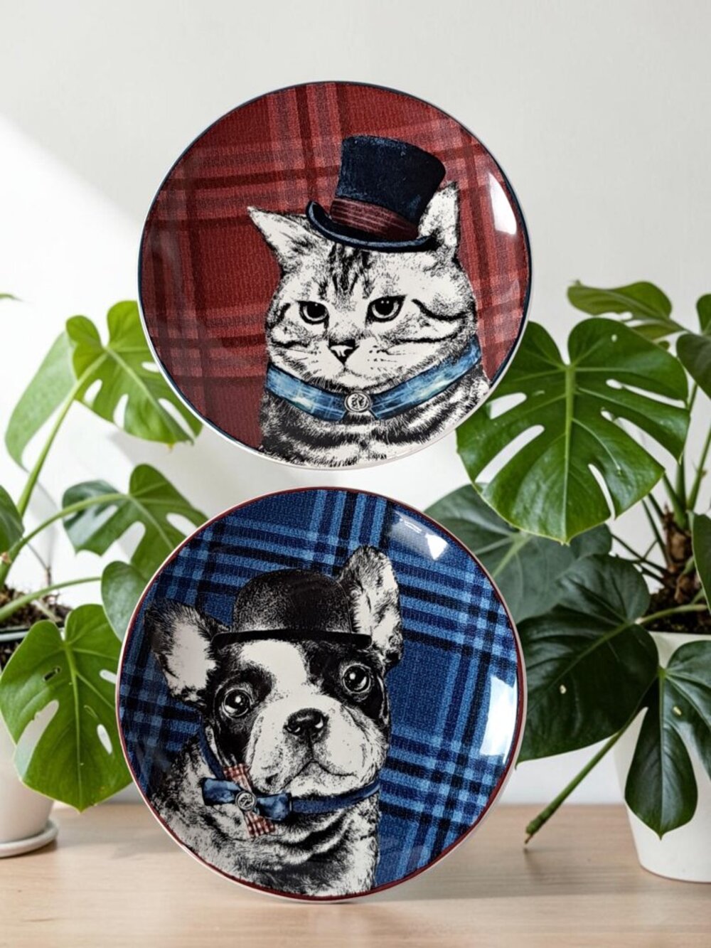 Pier 1 Plaid French Bulldog & Tabby Cat Dessert Plate Set 2 Pc Ironstone
